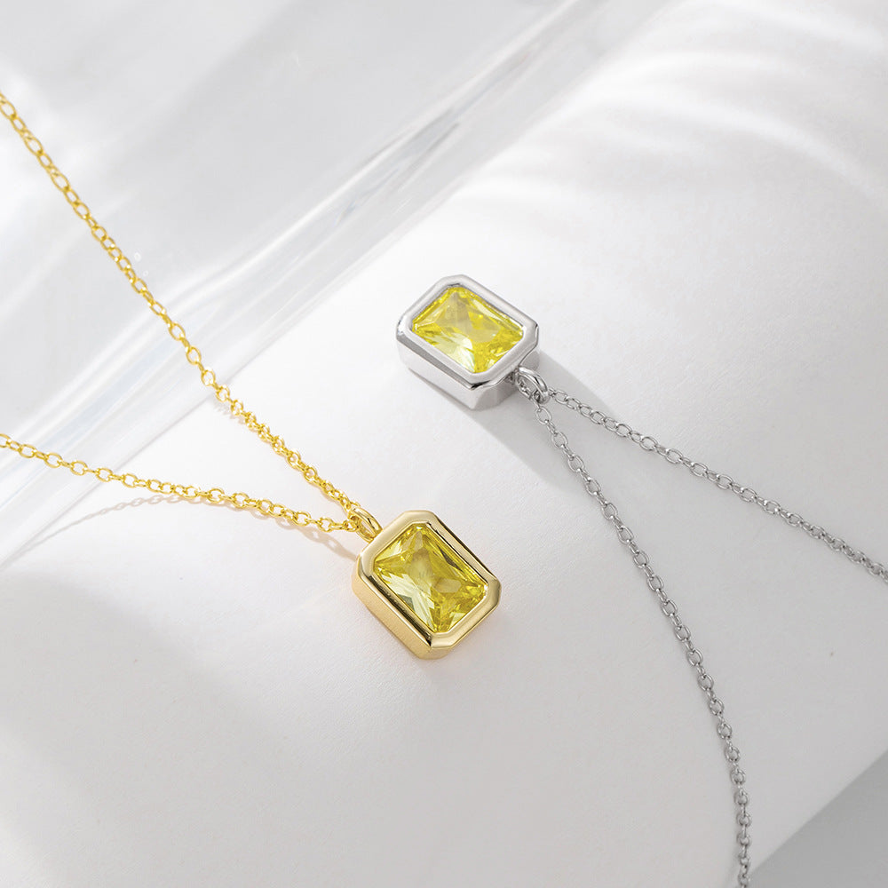 925 Silver Square Olive Yellow Zirconia Pendant Necklace