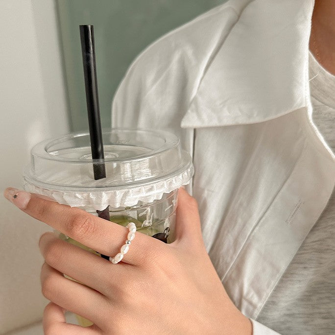 925 Silver Elastic Rope Pearl Ring