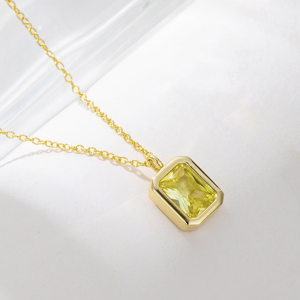 925 Silver Square Olive Yellow Zirconia Pendant Necklace