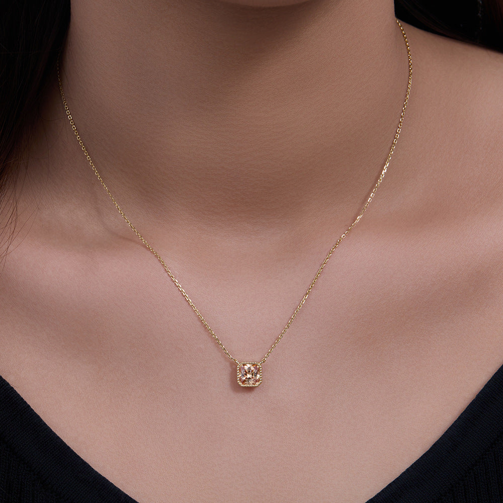 925 Silver Square Champagne Zircon Pendant Necklace