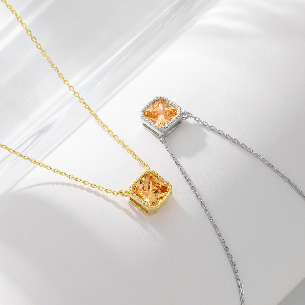 925 Silver Square Champagne Zircon Pendant Necklace