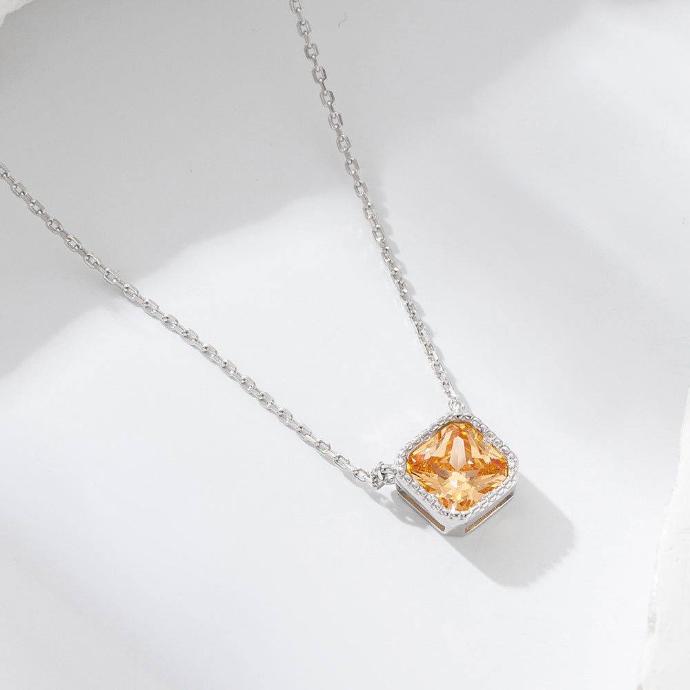 925 Silver Square Champagne Zircon Pendant Necklace