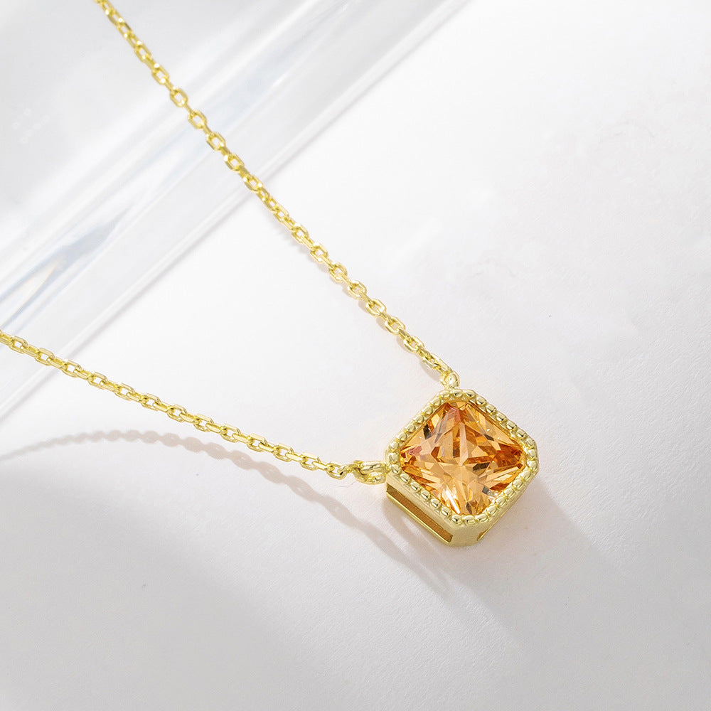 925 Silver Square Champagne Zircon Pendant Necklace