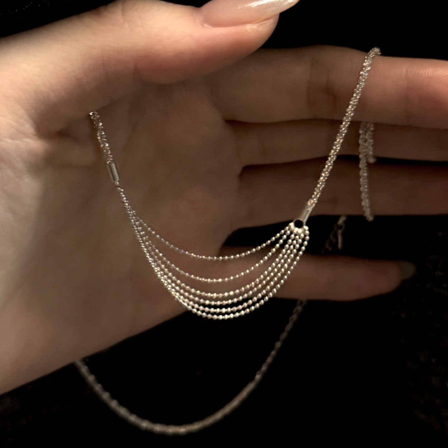 925 Silver Multi-Layer Sparkling Bead Tassel Necklace