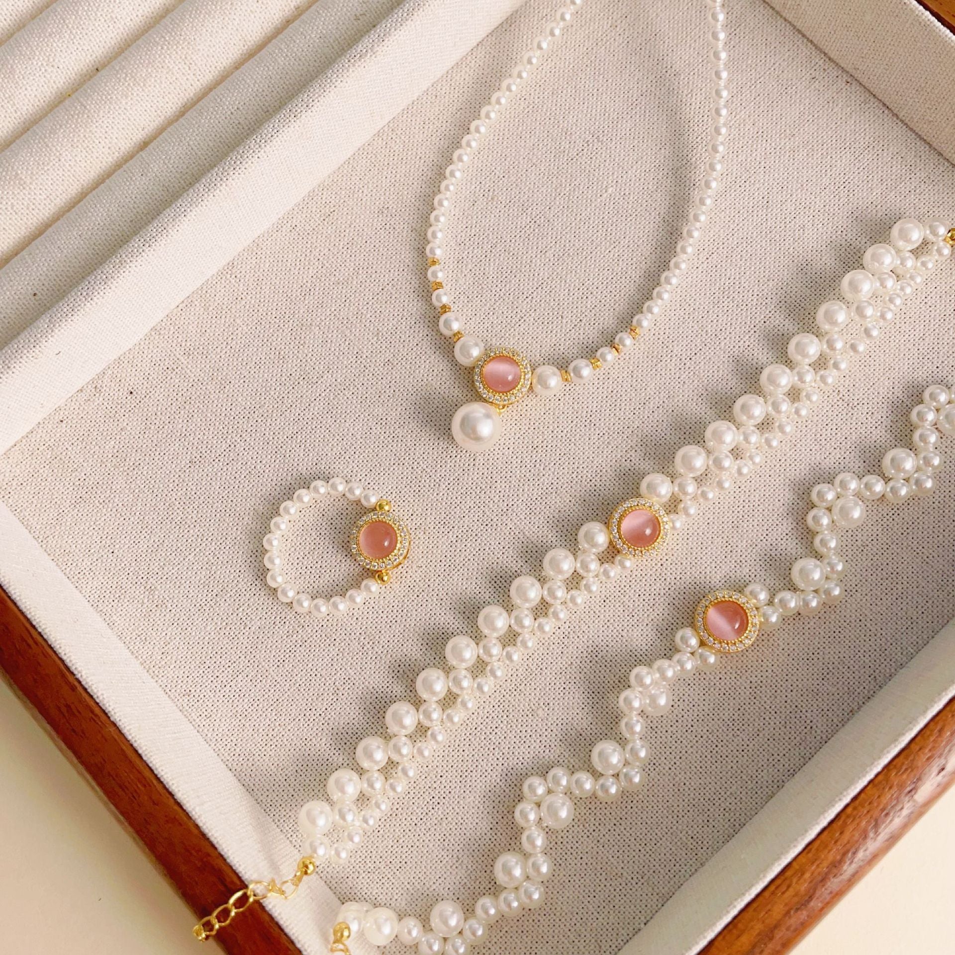 925 Silver Cat's Eye Pearl Bracelet and Necklace Set