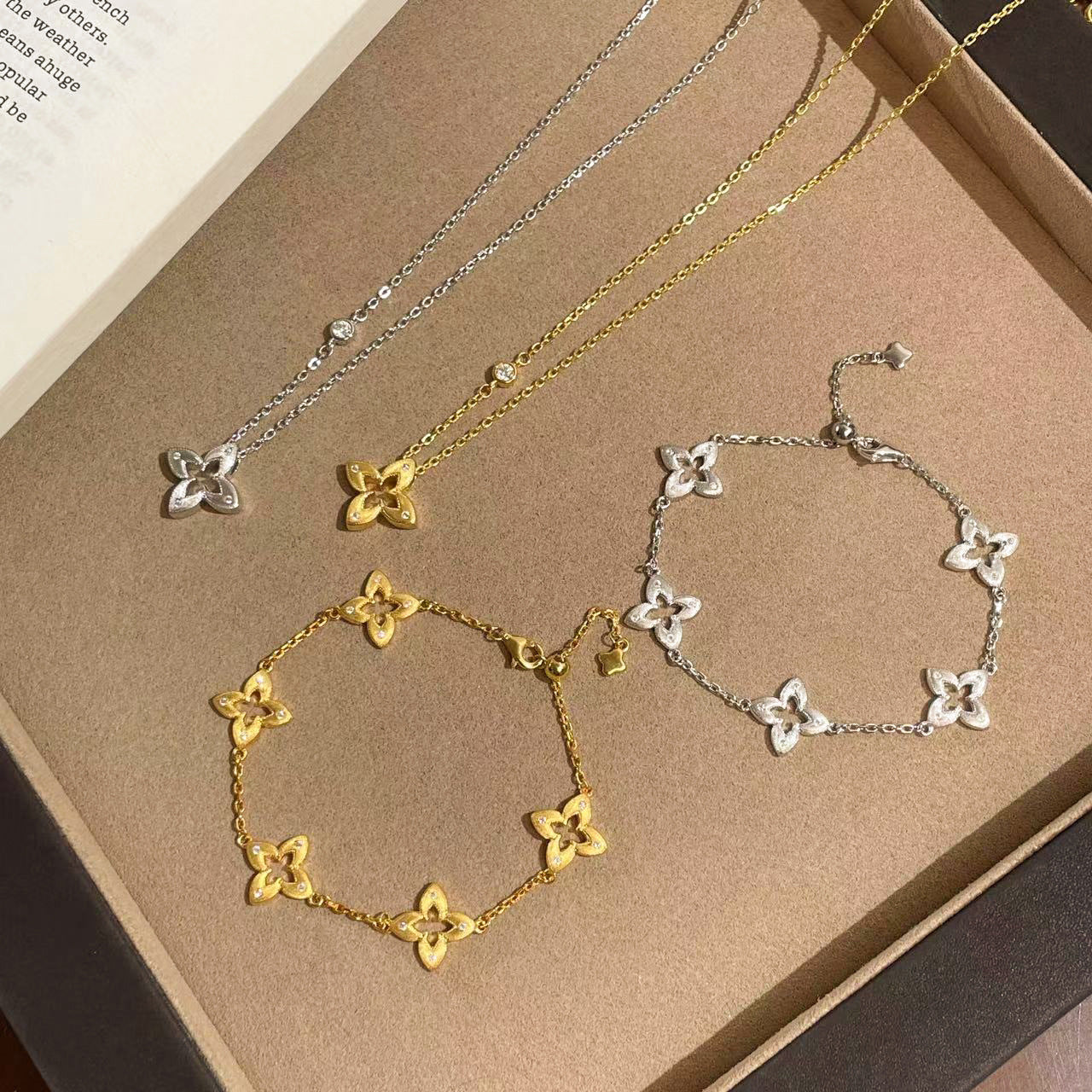 925 Silver Brushed Star Clover Bracelet and Necklace Set