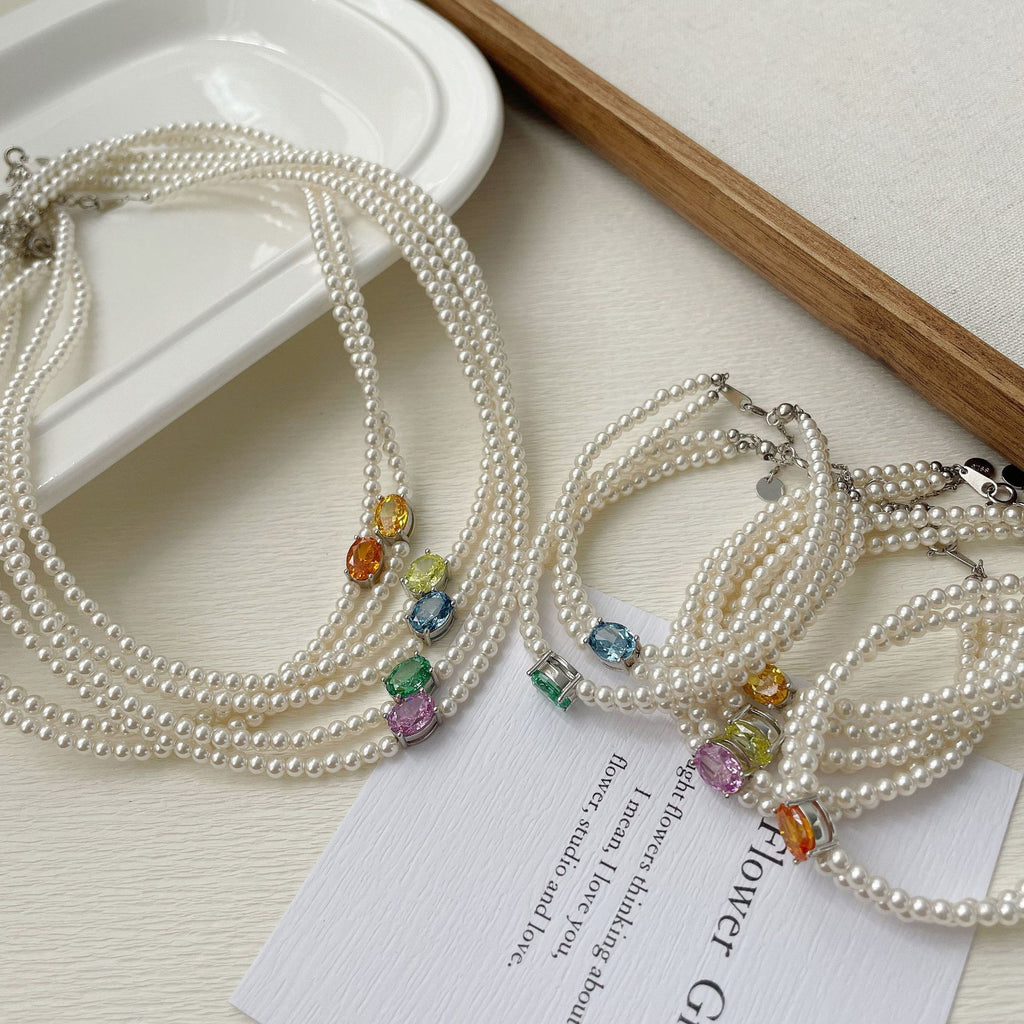 925 Silver Pearl Zircon Set, Six-Color Bracelet Necklace