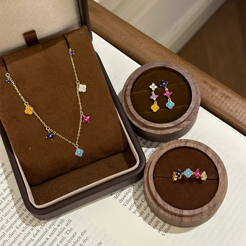 925 Silver Colorful Four-Leaf Flower Necklace Ring Stud Earrings Set