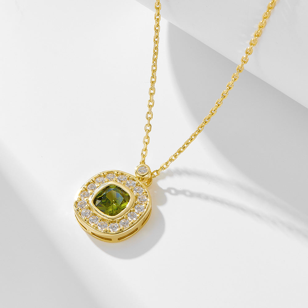 925 Silver Olive Green Square Zircon Pendant Necklace