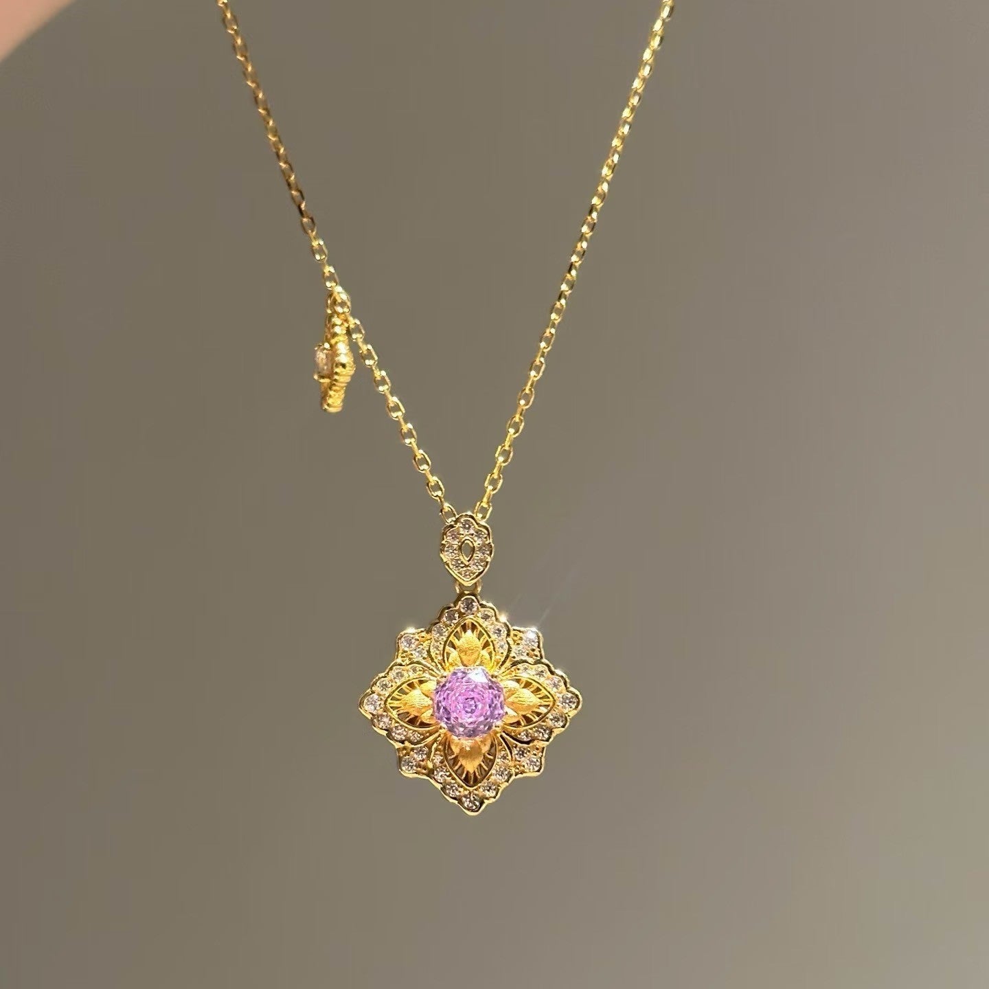 925 Silver Four-Leaf Clover Brushed Purple Rose Necklace