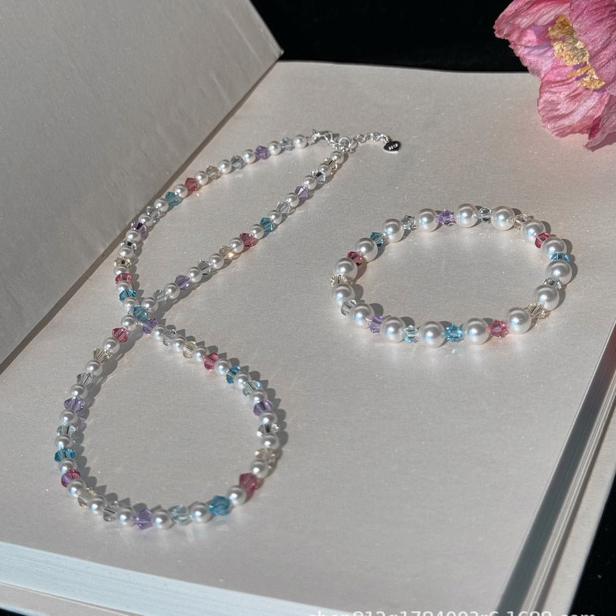 Colorful Crystal Pearl Necklace Bracelet Set