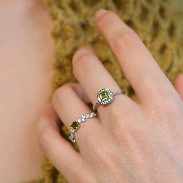 925 Silver French Vintage Olive Green Square Diamond Ring