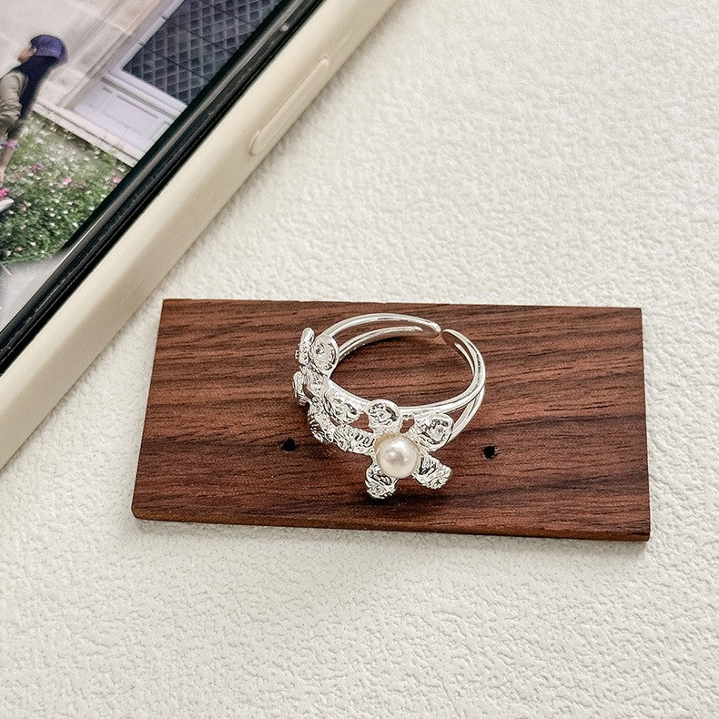 925 Silver Woven Flower Pearl Ring