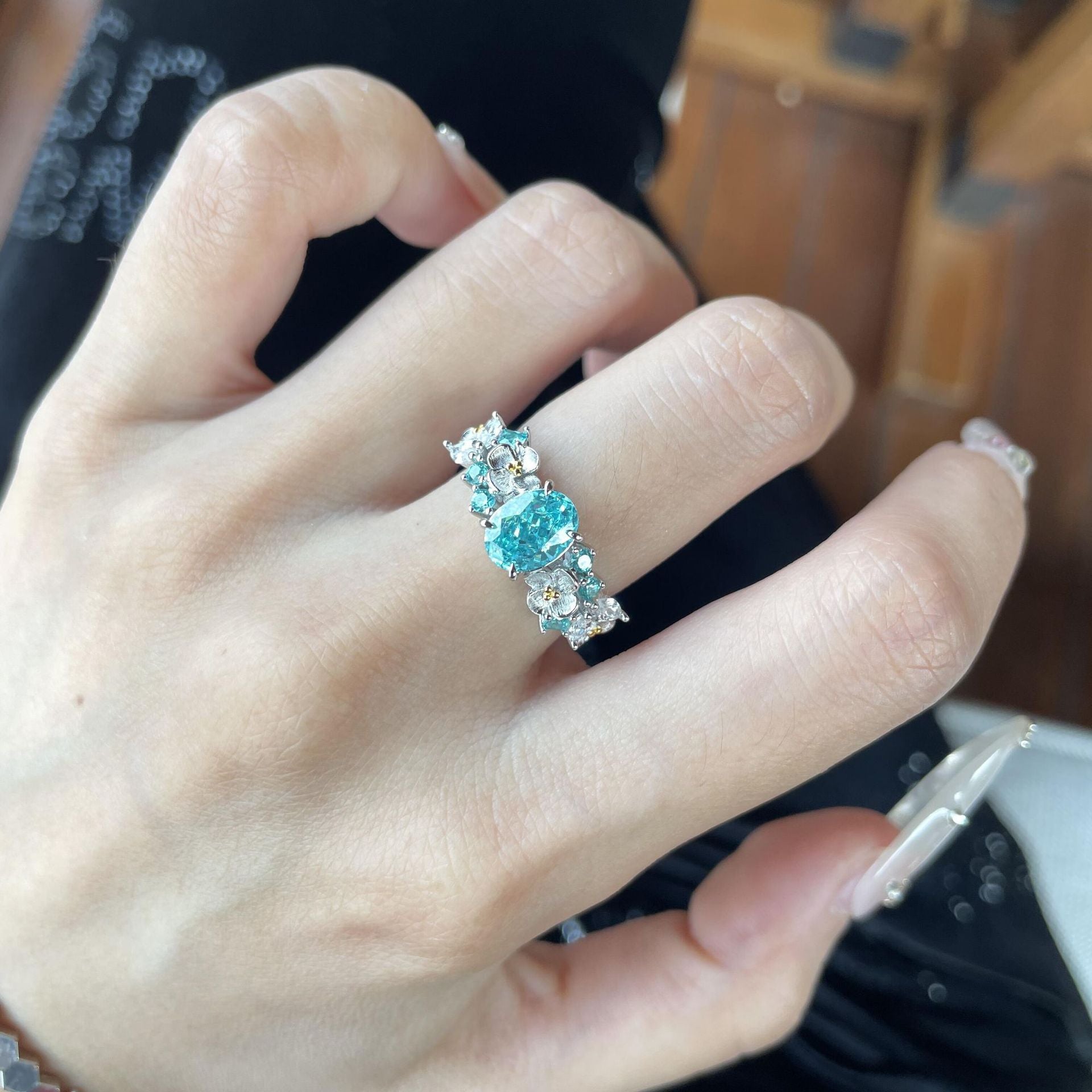 925 Sterling Silver Blue Floral Paraiba Ring