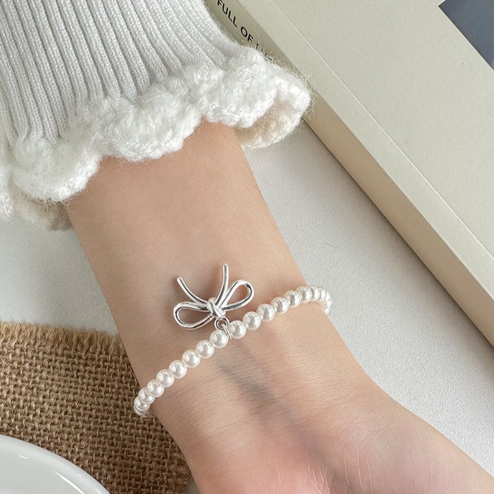 925 Silver Bow White Shell Pearl Bracelet