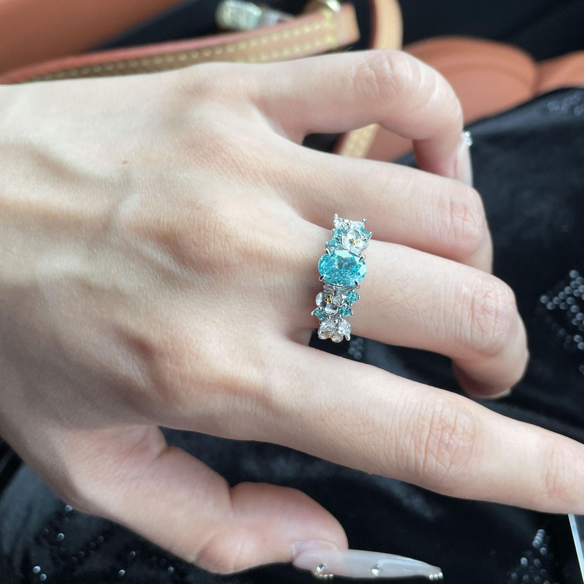 925 Sterling Silver Blue Floral Paraiba Ring