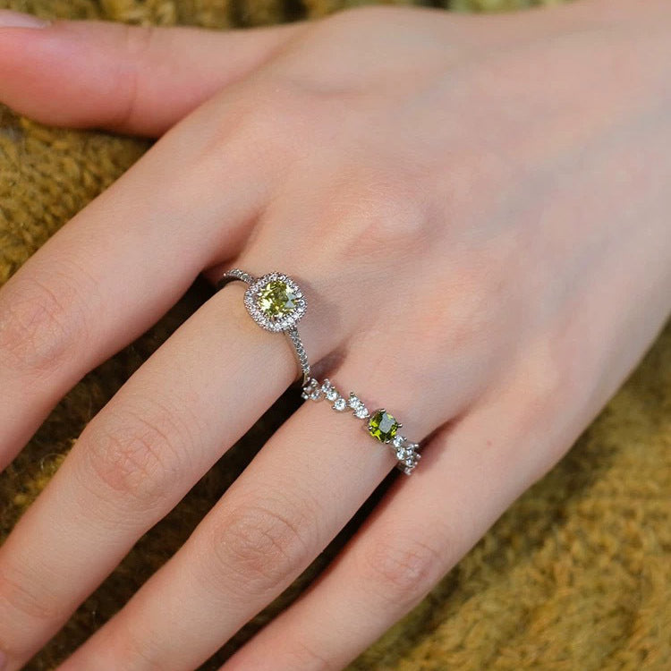 925 Silver French Vintage Olive Green Square Diamond Ring