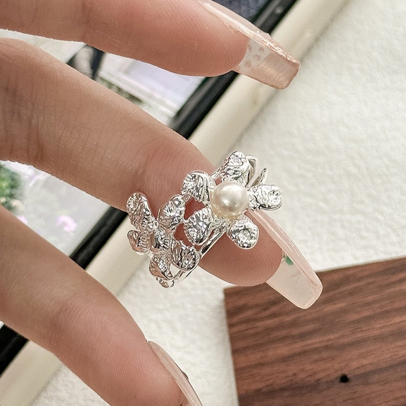 925 Silver Woven Flower Pearl Ring