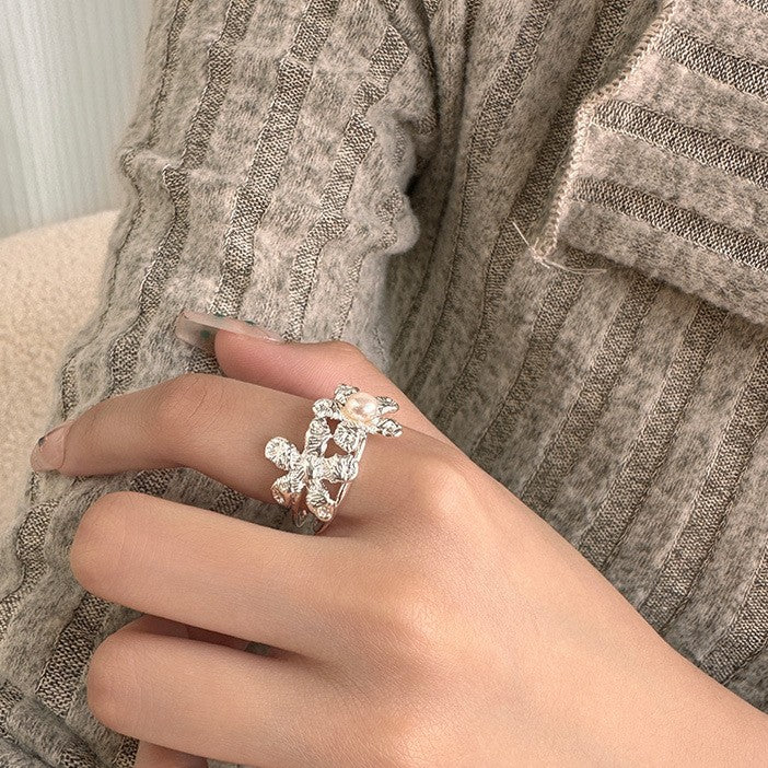 925 Silver Woven Flower Pearl Ring