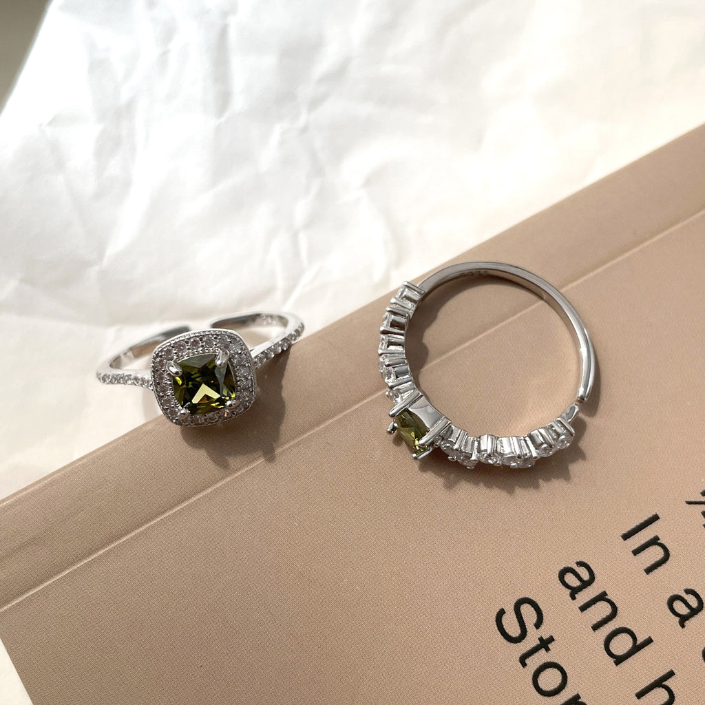 925 Silver French Vintage Olive Green Square Diamond Ring