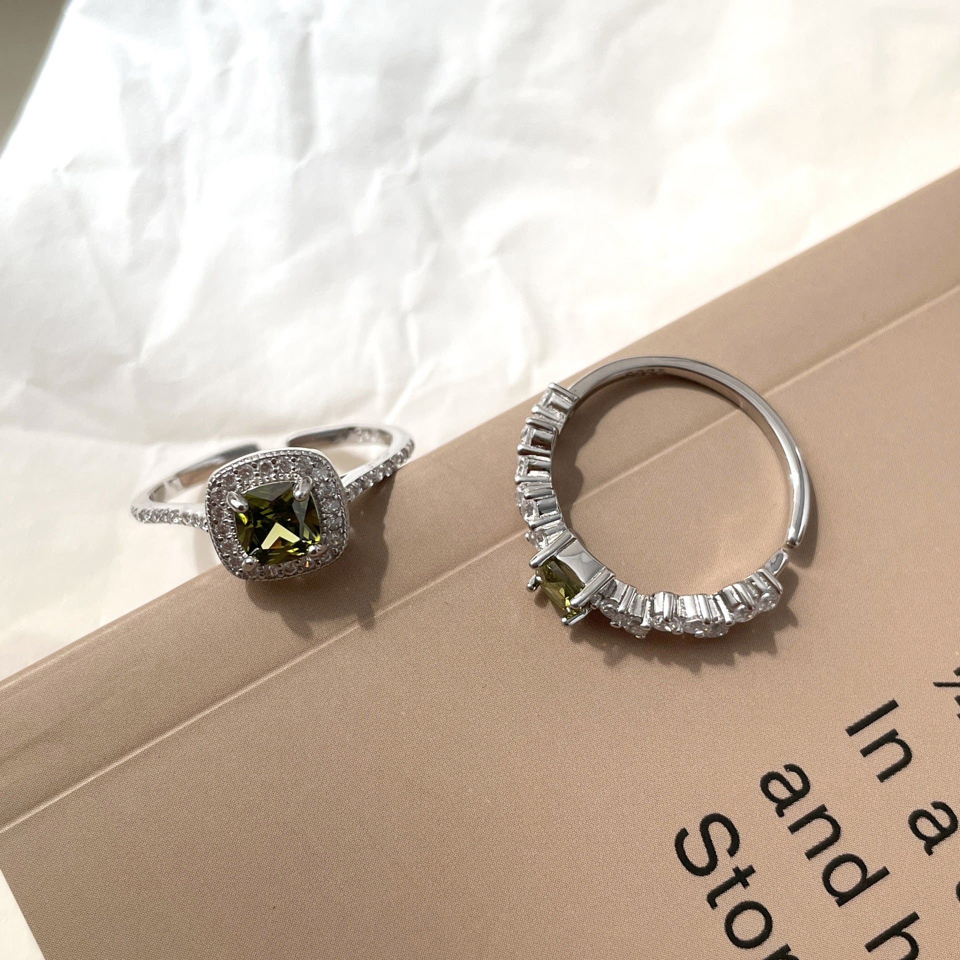 925 Silver French Vintage Olive Green Square Diamond Ring