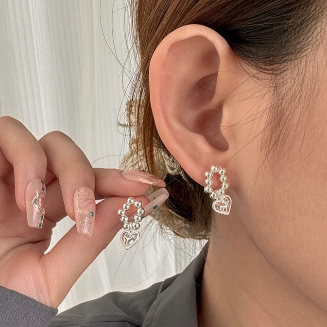 925 Silver Beaded Heart Earrings