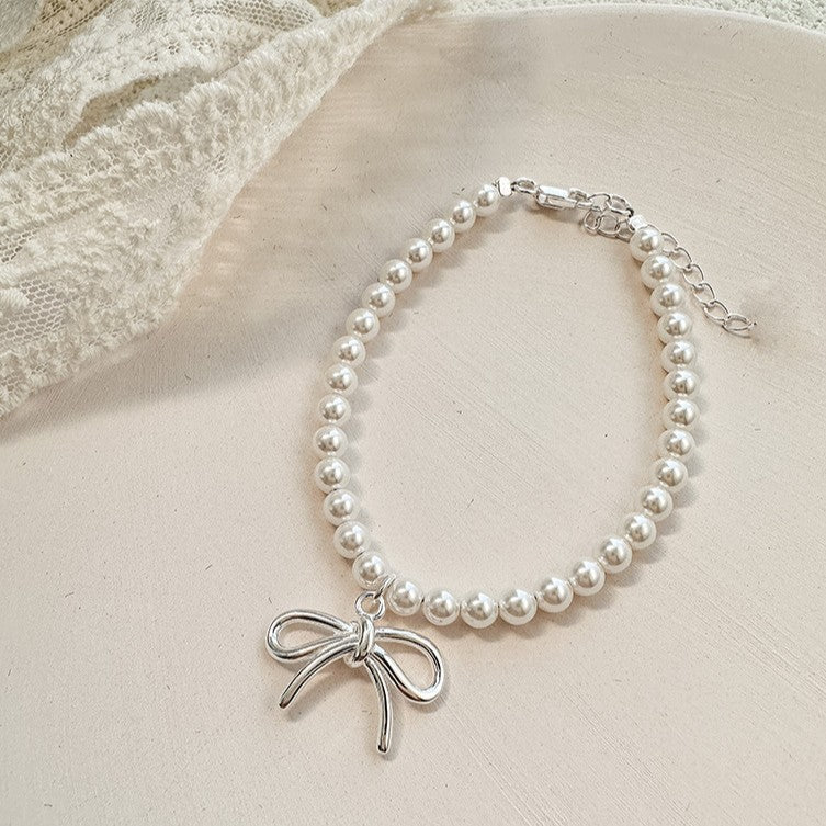 925 Silver Bow White Shell Pearl Bracelet