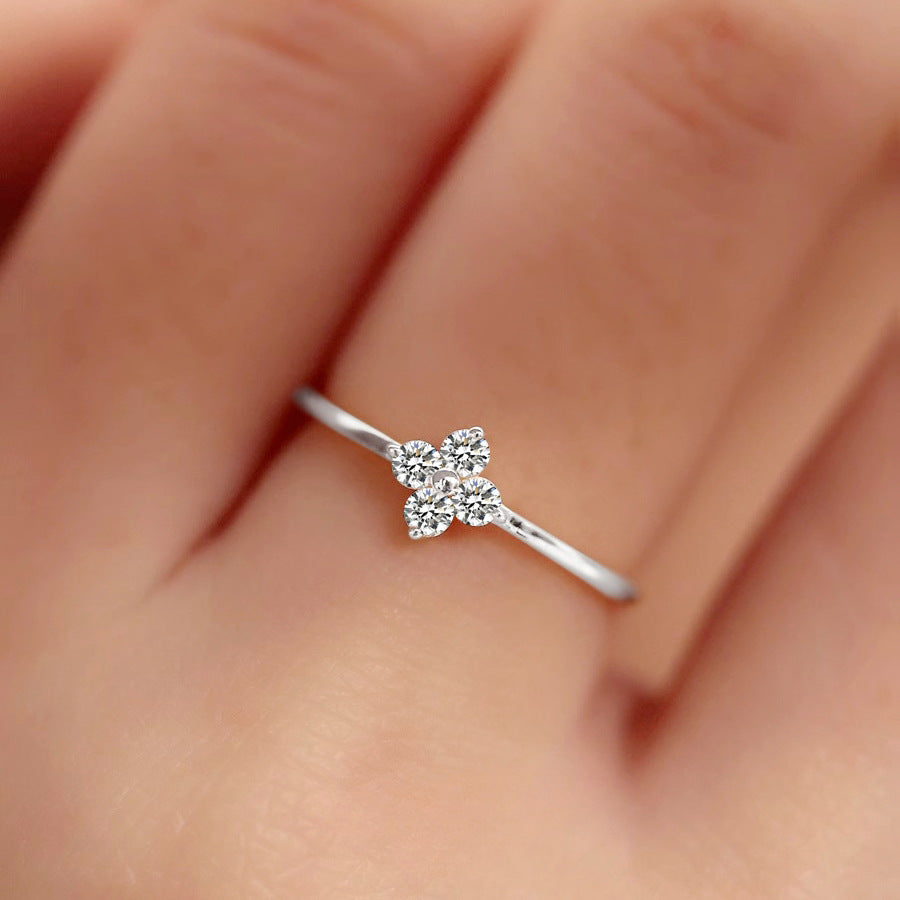925 Silver Four-Leaf Clover Zircon Slim Ring