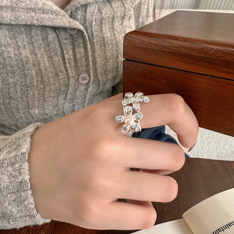 925 Silver Woven Flower Pearl Ring