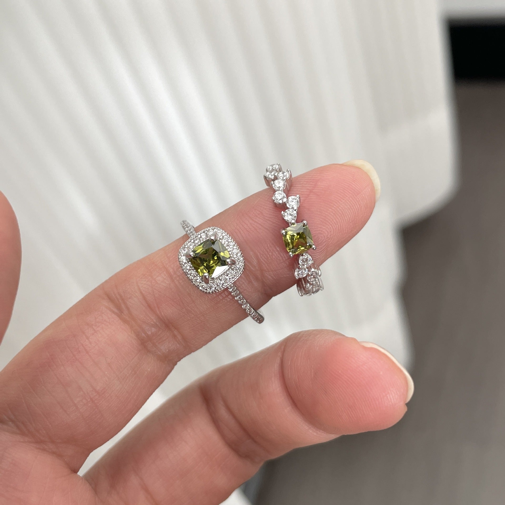 925 Silver French Vintage Olive Green Square Diamond Ring