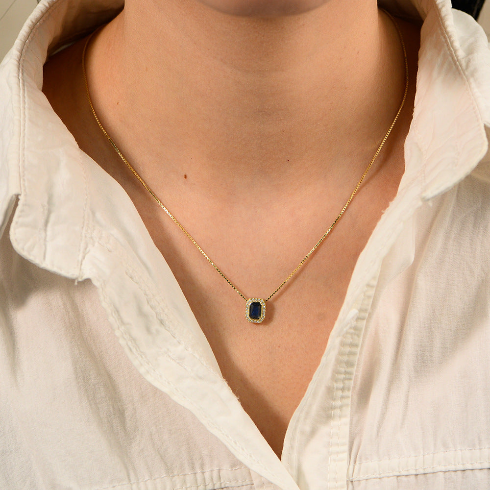 925 Silver Blue Zircon Square Pendant Necklace