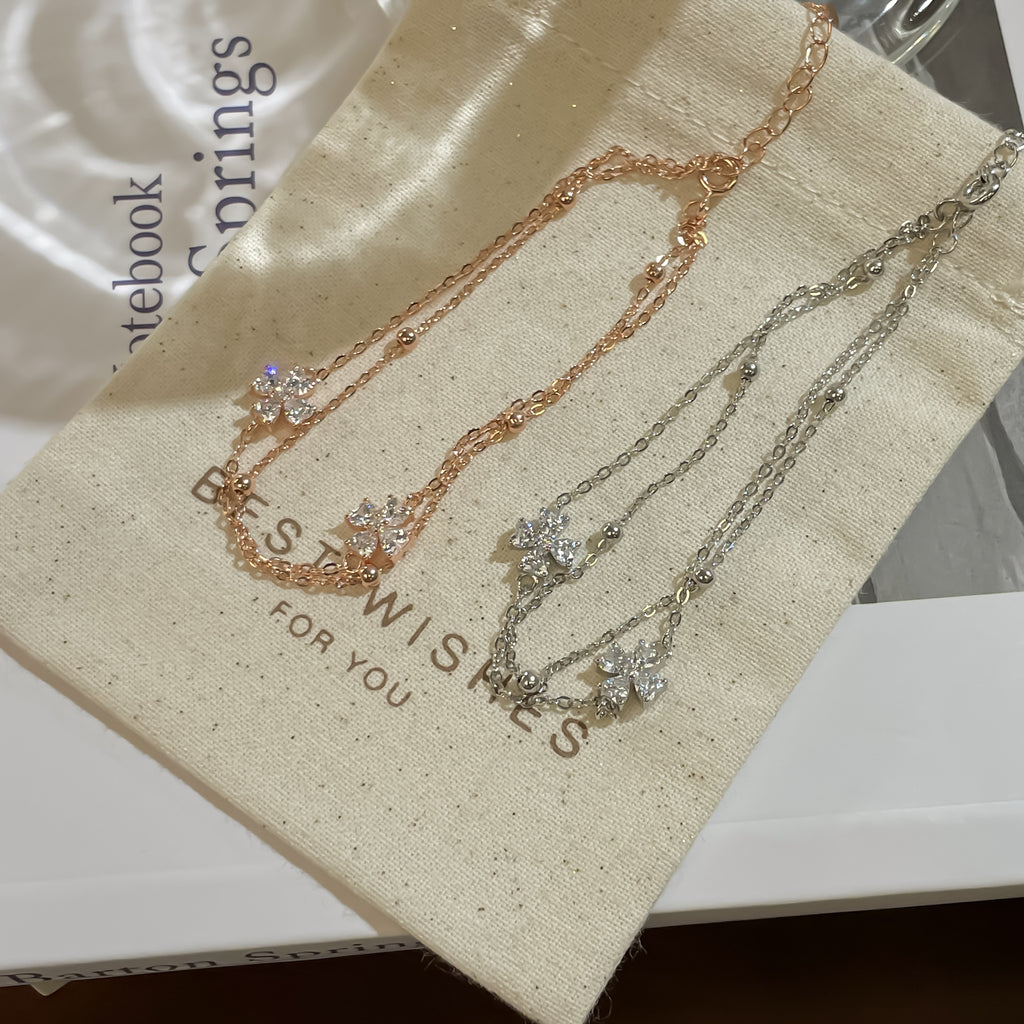 925 Silver Four-Leaf Clover Double-Layer Bracelet