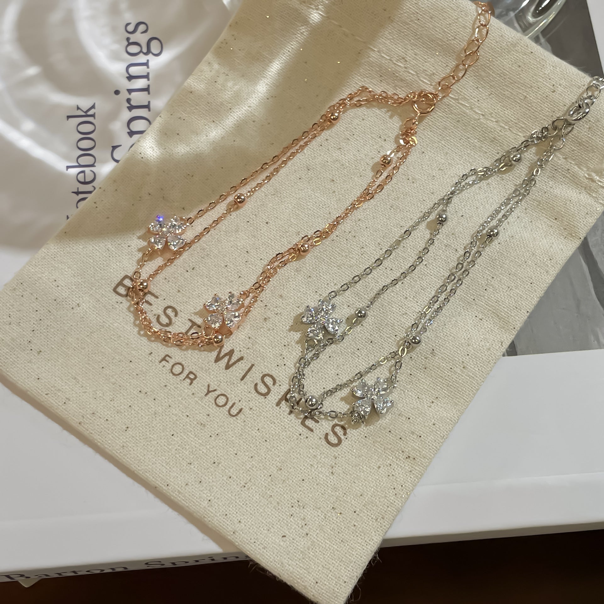 925 Silver Four-Leaf Clover Double-Layer Bracelet