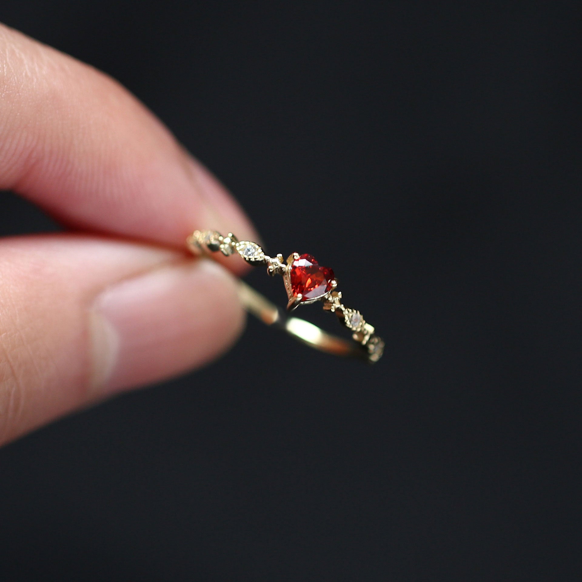 925 Silver Heart-shaped Ruby 14k Gold Adjustable Ring