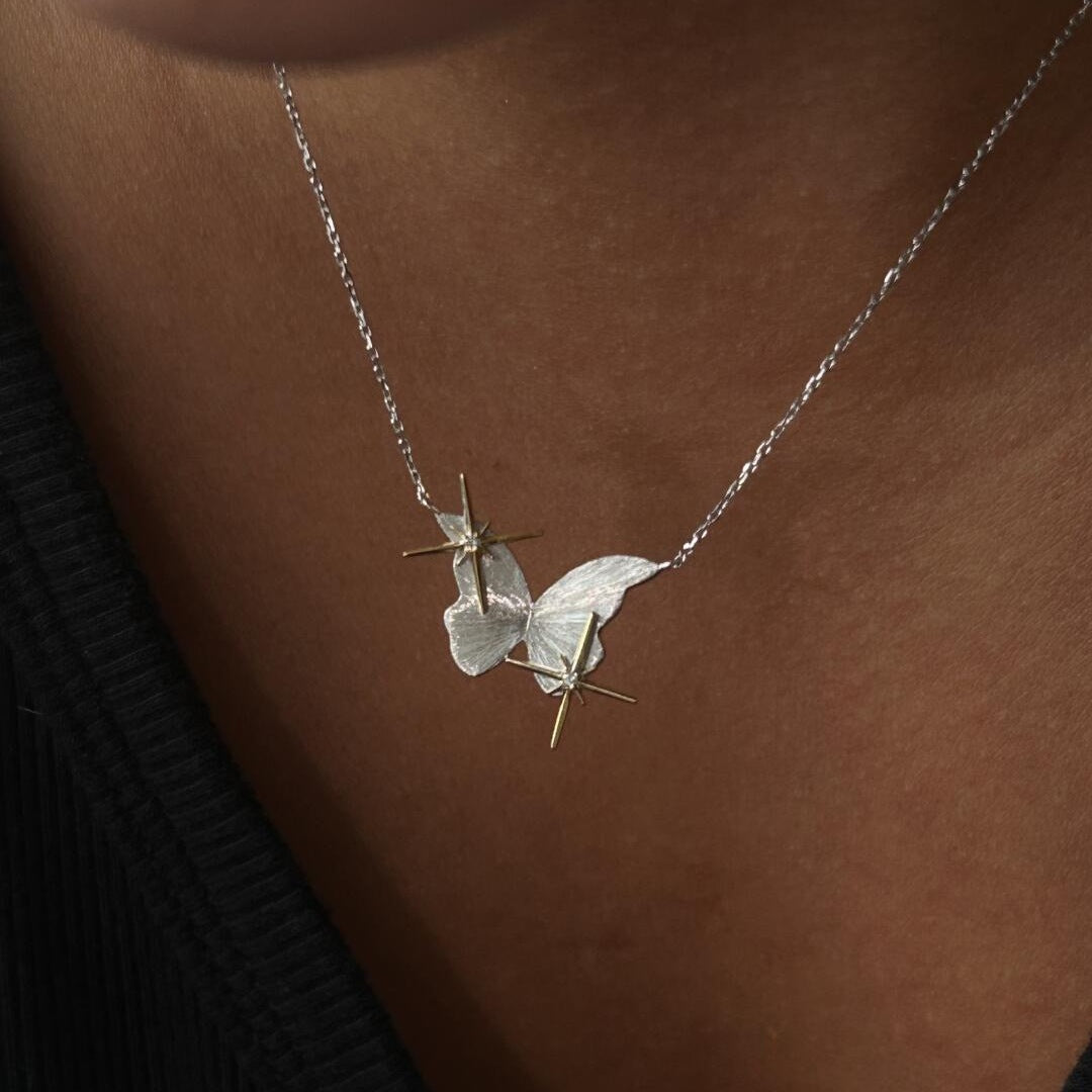 925 Silver Two-Tone Butterfly Star Necklace
