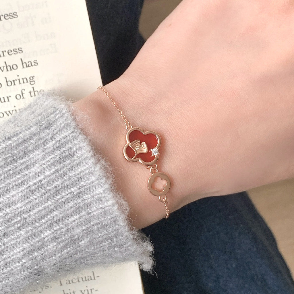 925 Silver Red Agate Four-Leaf Clover Bracelet
