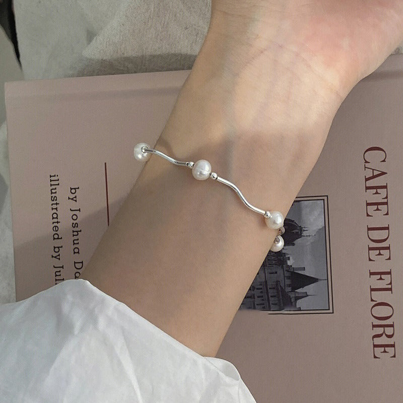 925 Silver Natural Freshwater Pearl Wave Line Bracelet