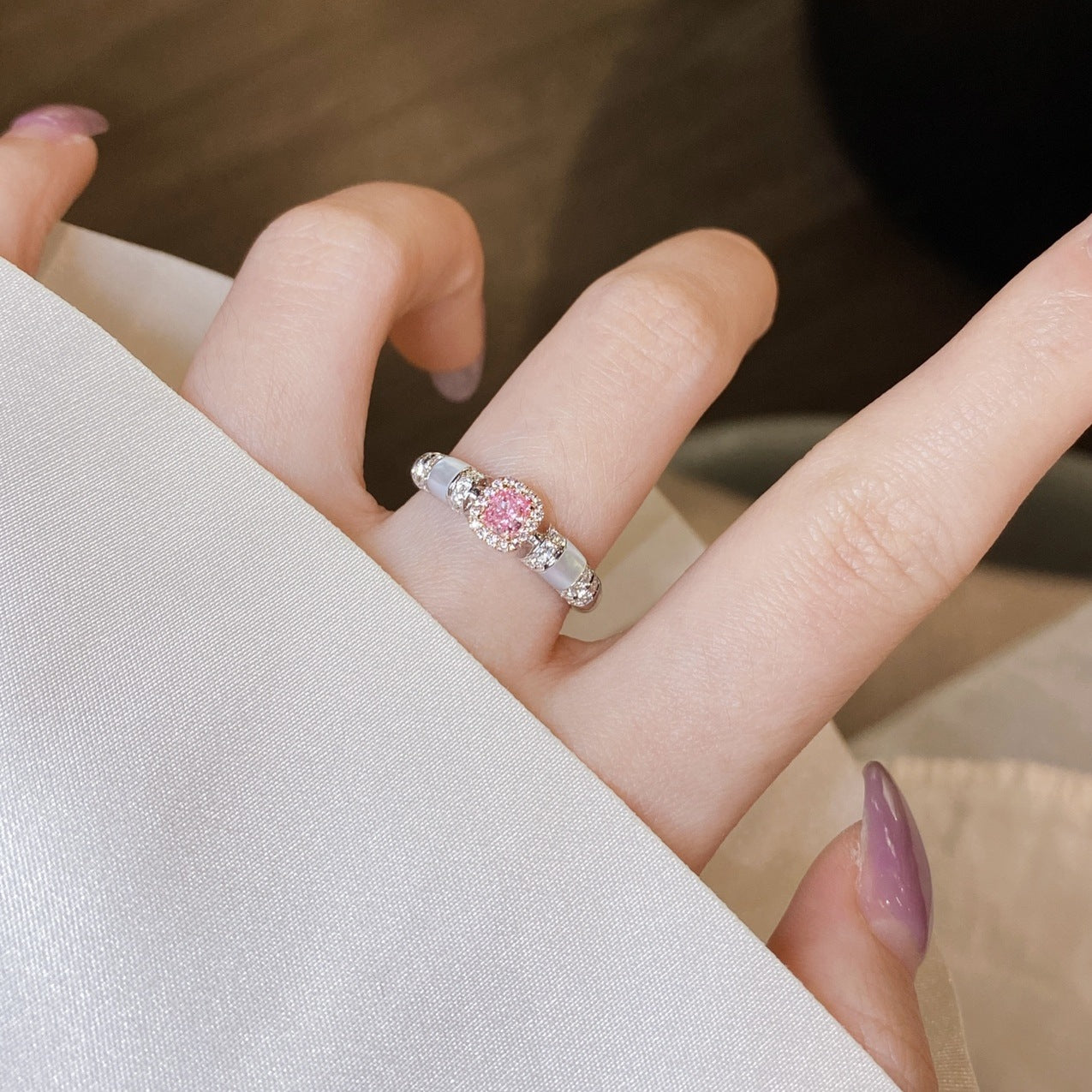925 Silver Vintage Pink Diamond Shell Ring
