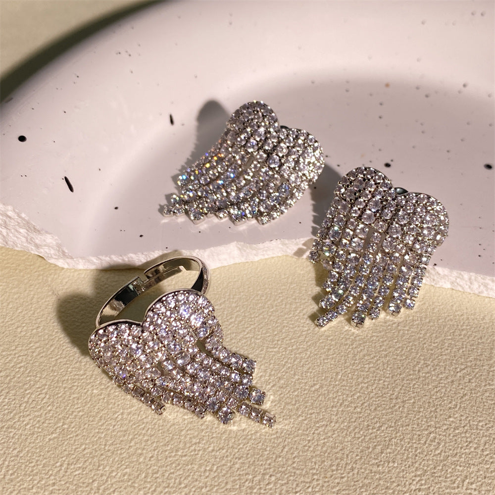 Heart-shaped Zircon Tassel Earring and Ring Set