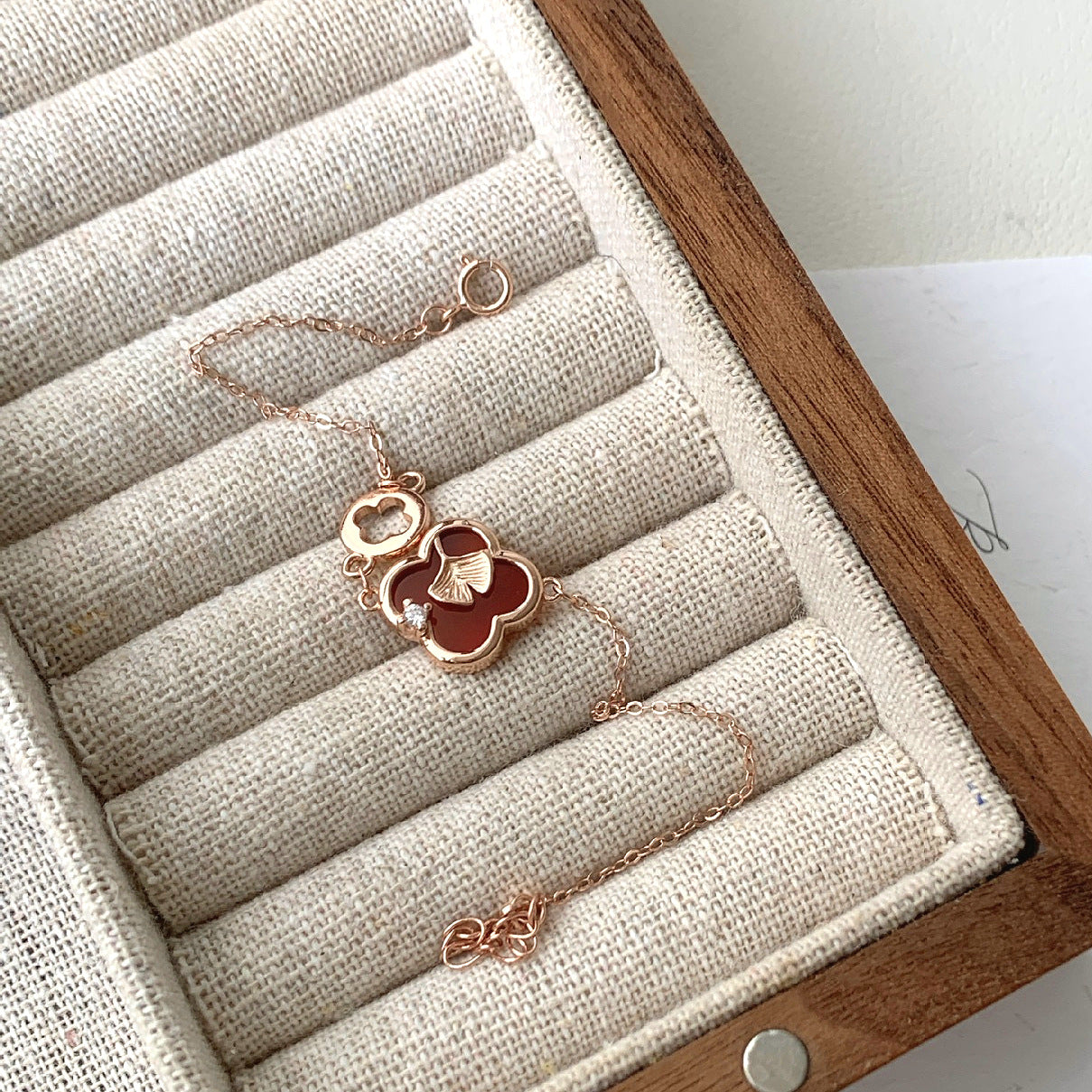 925 Silver Red Agate Four-Leaf Clover Bracelet
