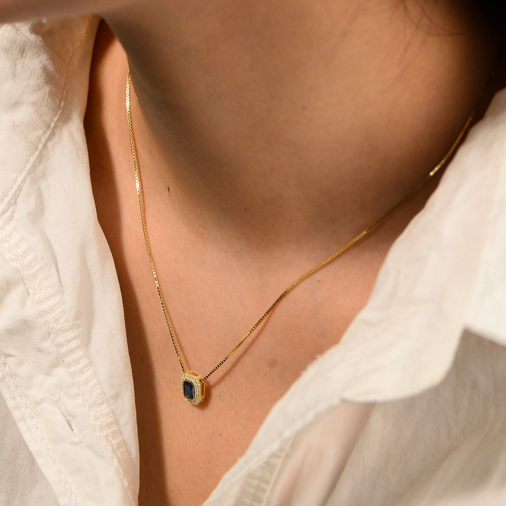 925 Silver Blue Zircon Square Pendant Necklace