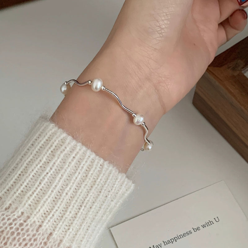 925 Silver Natural Freshwater Pearl Wave Line Bracelet
