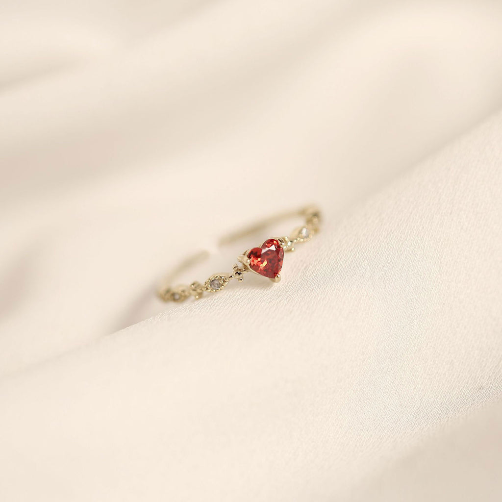 925 Silver Heart-shaped Ruby 14k Gold Adjustable Ring