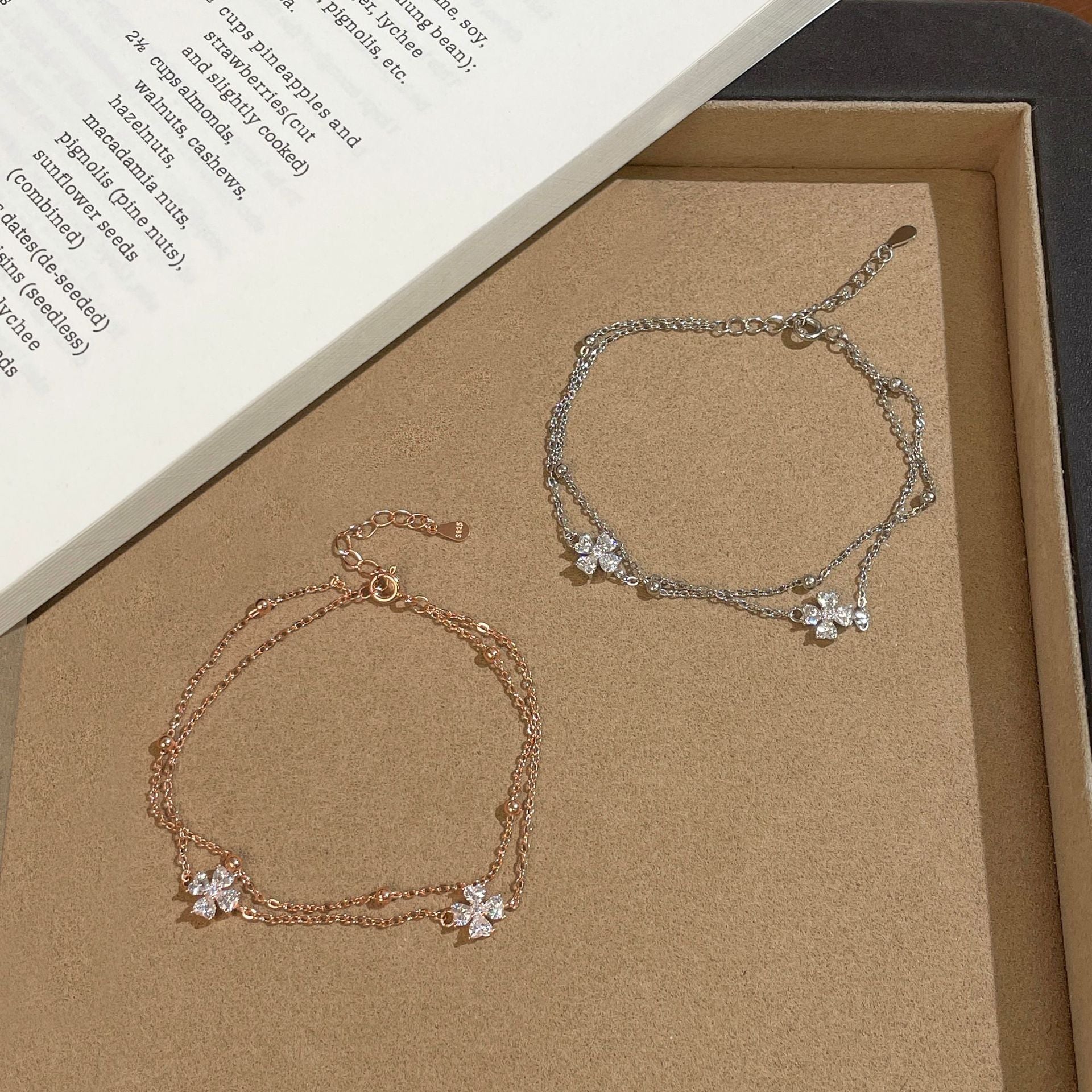 925 Silver Four-Leaf Clover Double-Layer Bracelet