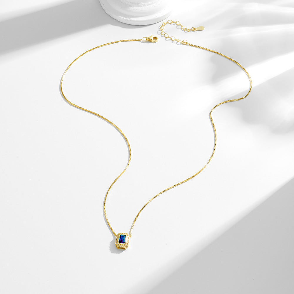 925 Silver Blue Zircon Square Pendant Necklace