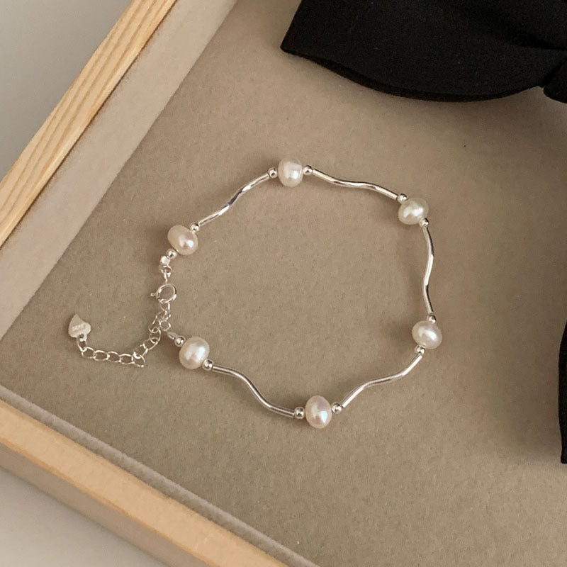 925 Silver Natural Freshwater Pearl Wave Line Bracelet