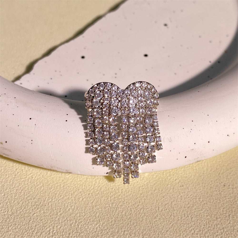 Heart-shaped Zircon Tassel Earring and Ring Set