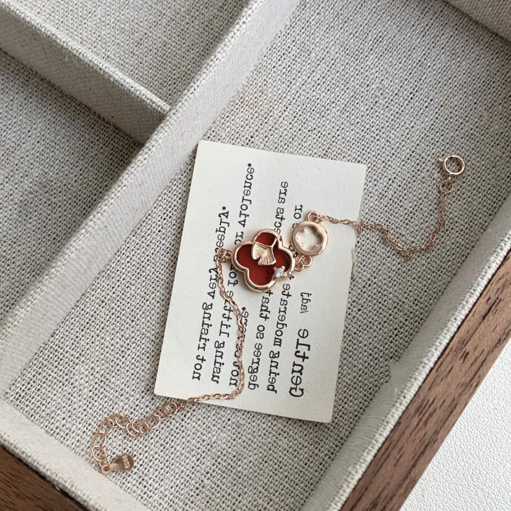 925 Silver Red Agate Four-Leaf Clover Bracelet