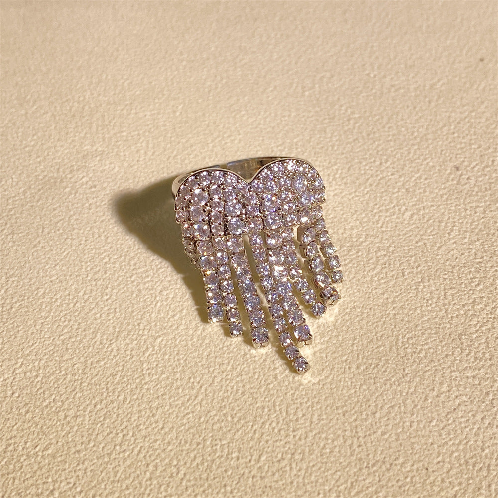 Heart-shaped Zircon Tassel Earring and Ring Set