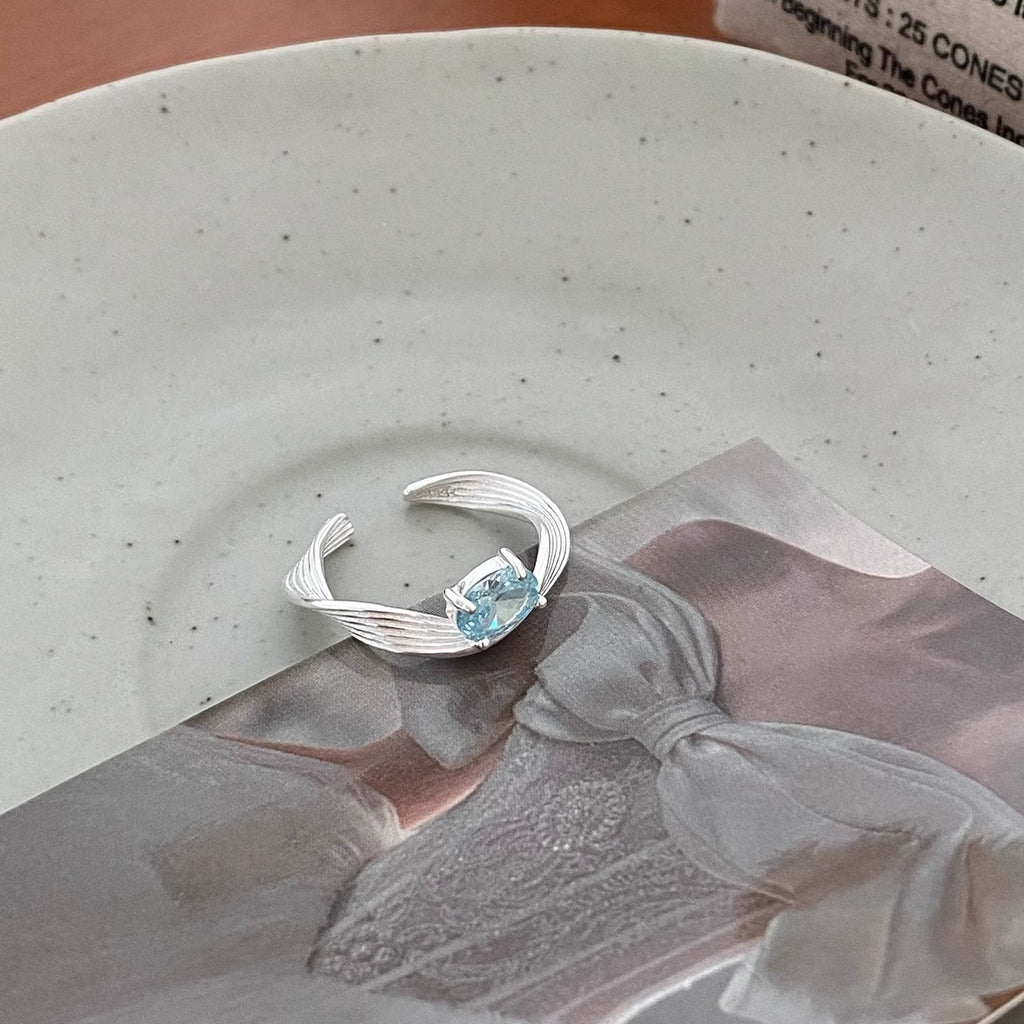 925 Silver Wave-Shaped Blue Sparkling Zircon Ring